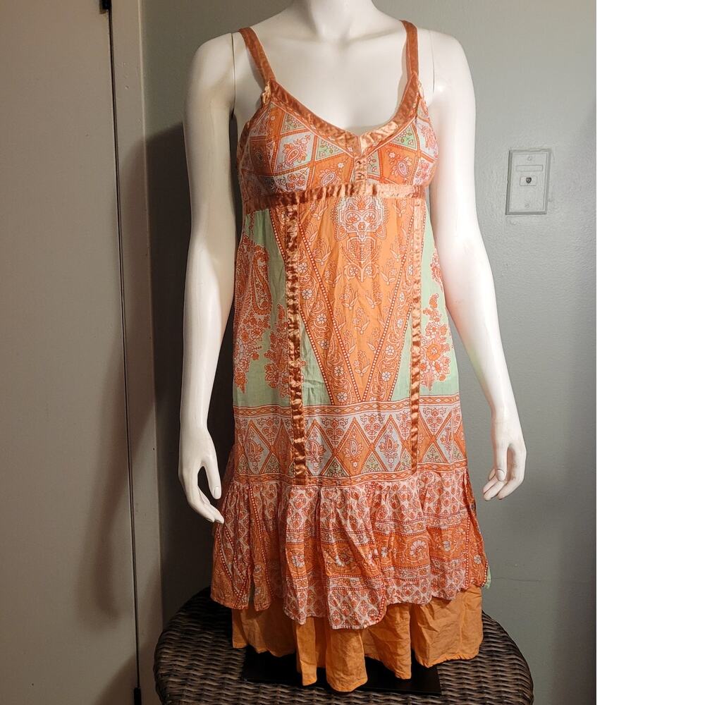 Chaudry Patchwork Midi Dress Small Boho Festival Flowy Ruffle Hem Orange - Picture 13 of 13